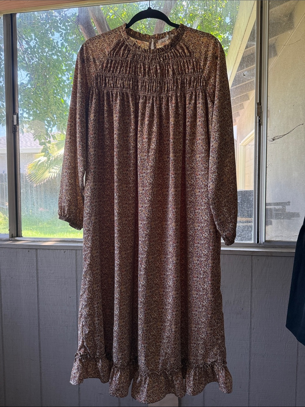indigo soul Brown Floral Smocked Yoke Long-Sleeve Midi Dress